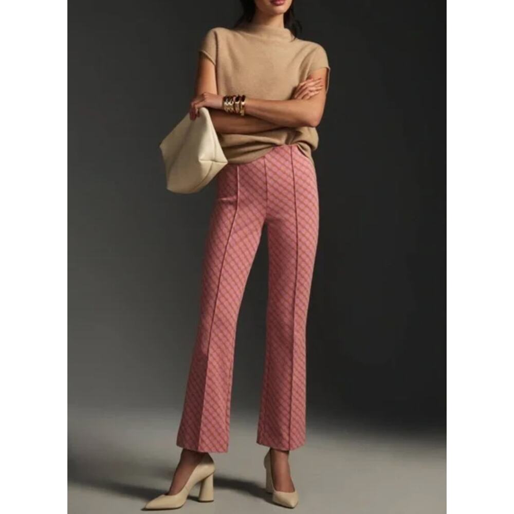 Anthropologie Maeve The Margot Cropped Kick Flare Pants Ankle Knit Pink Rose Dot - Picture 2 of 8
